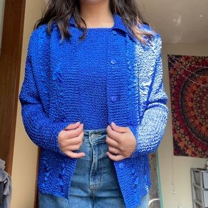Blue textured blouse and matching jacket